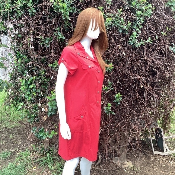 Zenergy By Chicos Red Snap High Or Low Collar Knee Length Dress - Picture 3 of 8